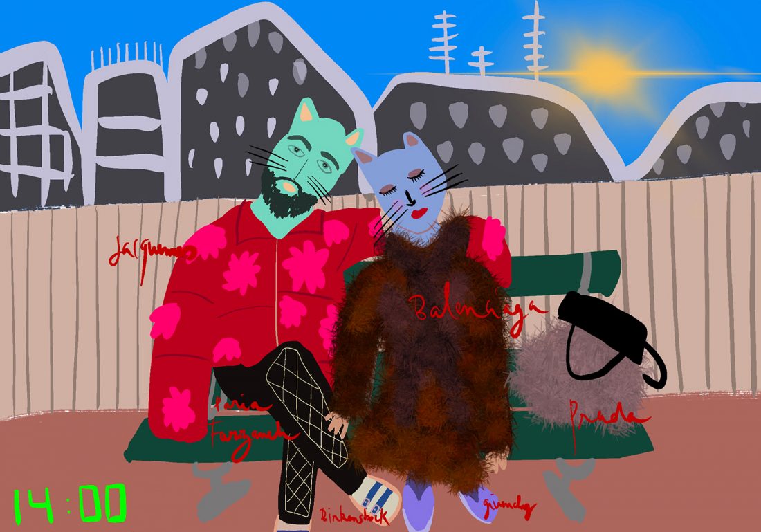 "FASHION ILLUSTRATION CATS LOVING ON A BENCH"