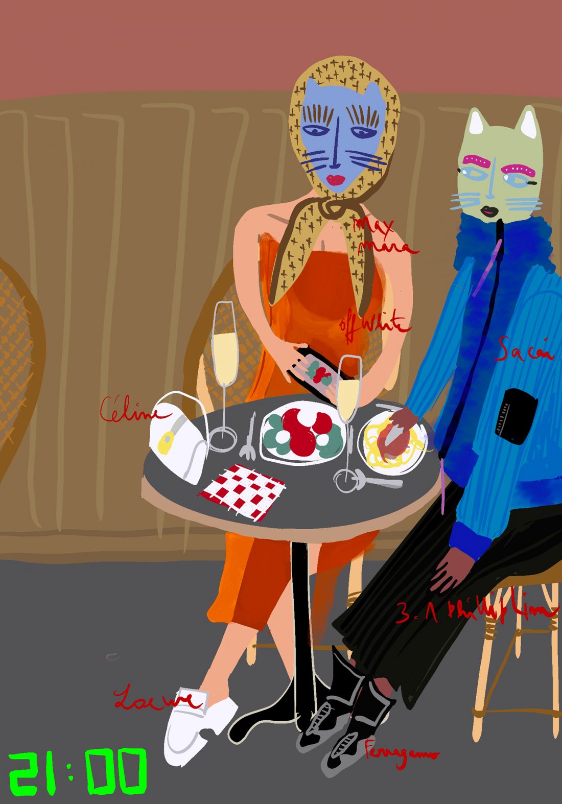 "FASHION ILLUSTRATION CATS HAVING DINNER"