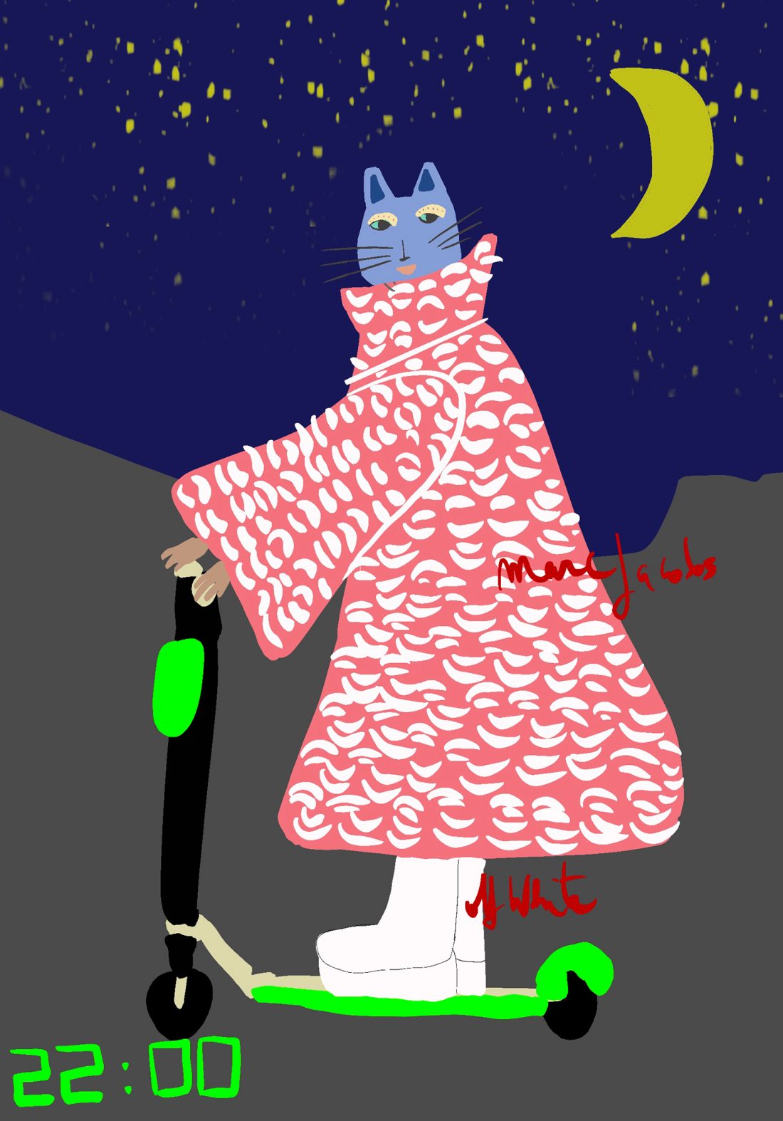 "FASHION ILLUSTRATION CAT GOING HOME ON SCOOTER"
