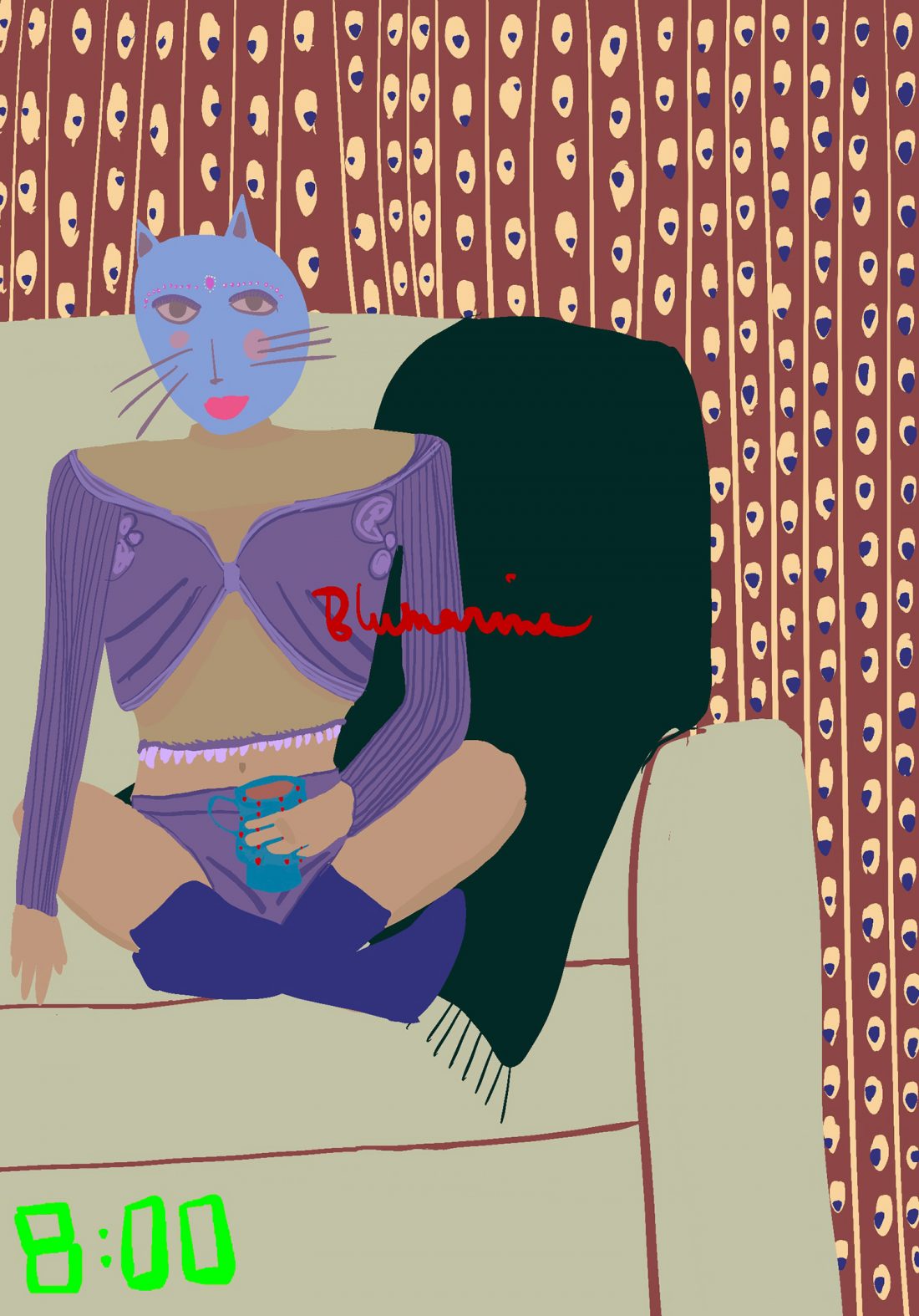 "FASHION ILLUSTRATION CAT HAVING TEA IN THE MORNING"