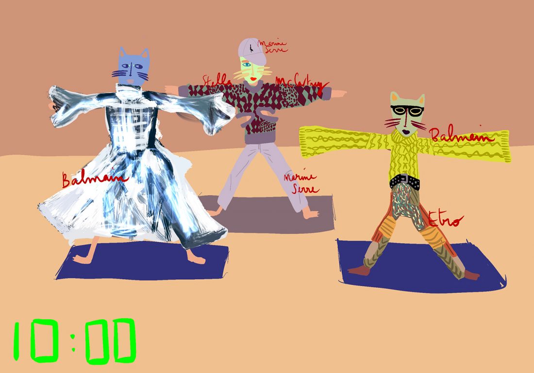 "FASHION ILLUSTRATION CAT DOING YOGA IN THE MORNING"